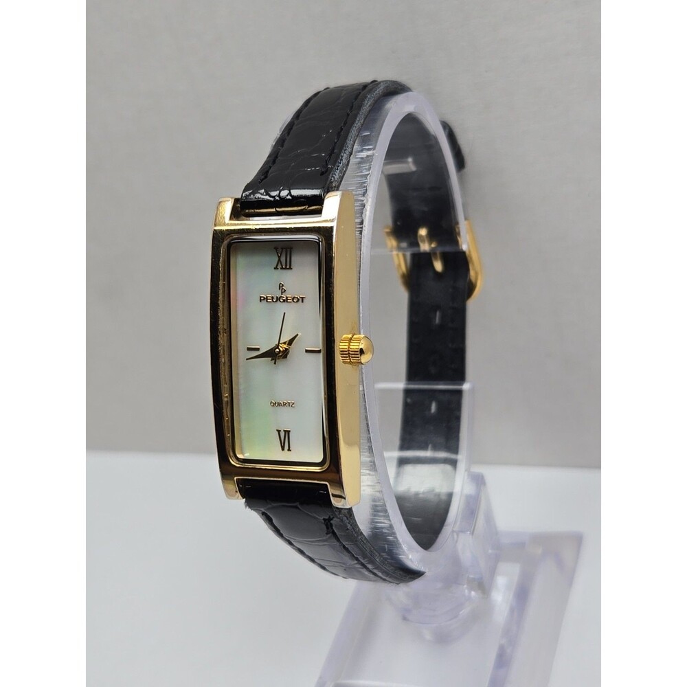 Peugeot Womens 14K Gold Plated Mother Of Pearl Slim Tank Dress Watch New Battery - Picture 2 of 12